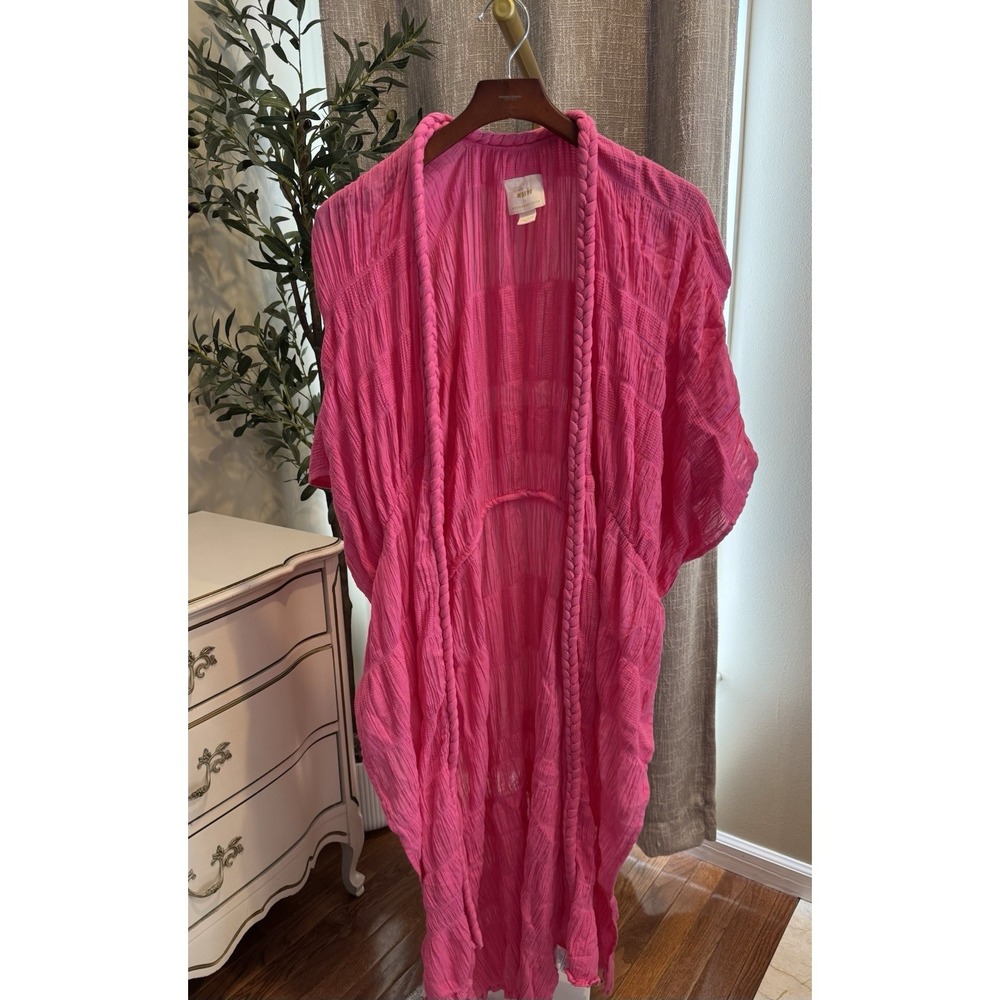 Anthropologie Maeve Pink Ruched Side Slit Duster Braided Trim One Size Boho